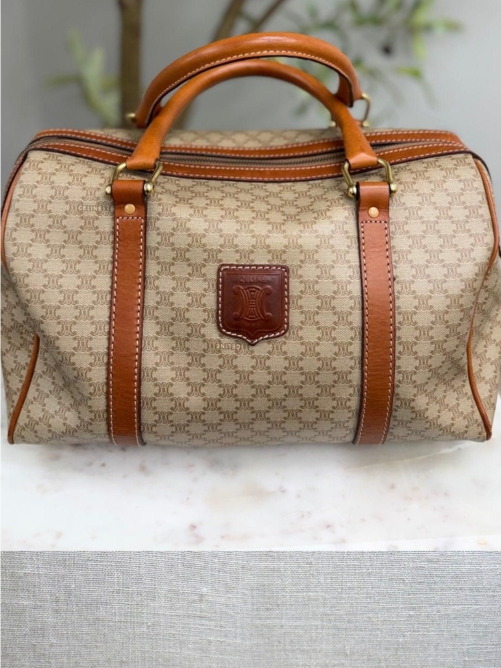Celine Beige Monogram Canvas Boston Satchel with Tan Vachetta.